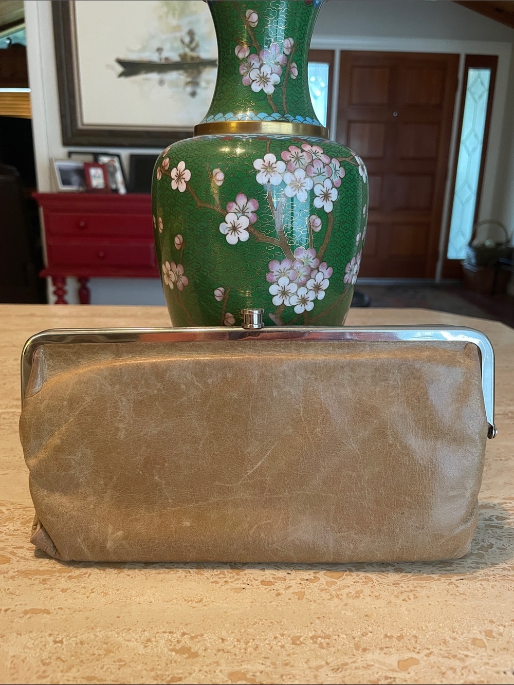 🌹HOBO Vintage-Style Tan Leather Kiss-Lock Clutch